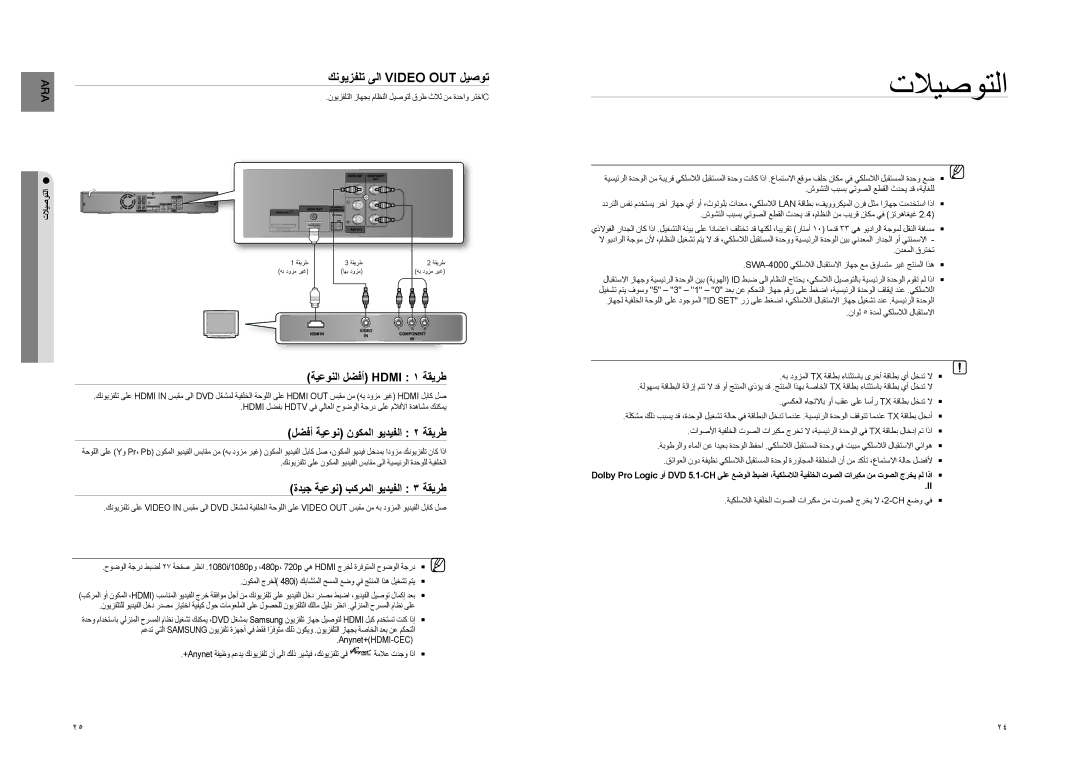 Samsung HT-TZ325T/MEA, HT-Z220T/MEA كنويزفلت ىلا Video Out ليصوت, نويزفلتلا زاهجب ماظنلا ليصوتل قرط ثلاث نم ةدحاو رتخاc 