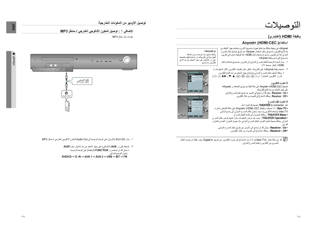 Samsung HT-TZ325R/XER manual ةيجراخلا تانوكملا نم ويدولأا ليصوت, MP3 لّغشم / يجراخلا يجولانلأا نوكملا ليصوت 1 يفاضلإا 