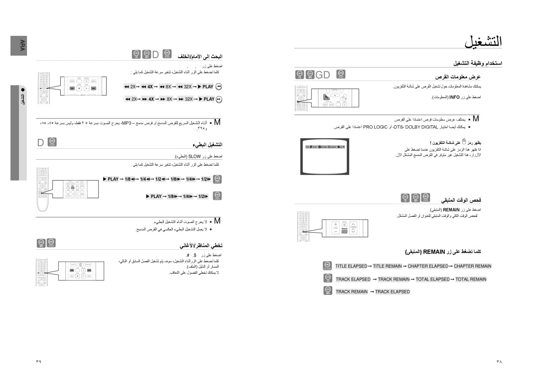 Samsung HT-Z220T/MEA, HT-TZ325T/SIM manual ليغشتلا ةفيظو مادختسا, ءيطبلا ليغشتلا, يناغلأا/رظانملا يطخت, صرقلا تامولعم ضرع 