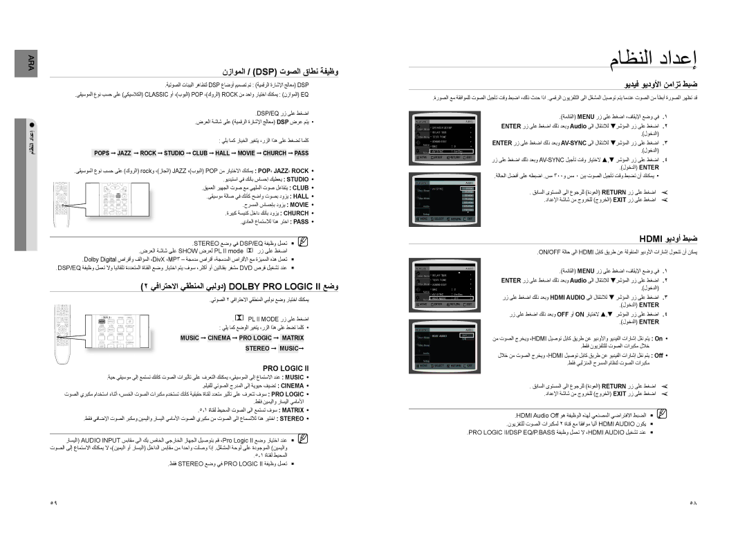 Samsung HT-Z220T/MEA manual نزاوملا / Dsp توصلا قاطن ةفيظو, يفارتحلاا يقطنملا يبلود Dolby Pro Logic II عضو, Hdmi ويدوأ طبض 