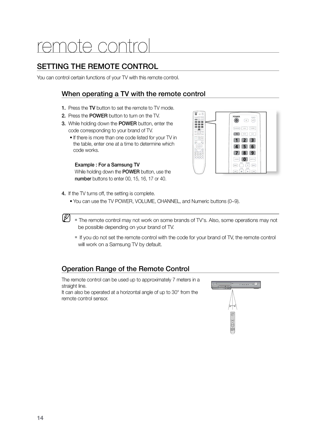 Samsung HT-TZ325T/SIM, HT-Z220T/MEA, HT-TZ325T/FMC Setting the Remote Control, When operating a TV with the remote control 