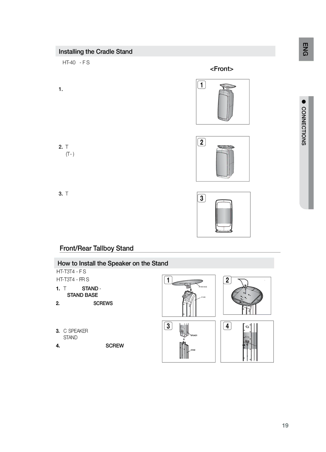 Samsung HT-TZ325T/UMG manual Front/Rear Tallboy Stand, Installing the Cradle Stand, How to Install the Speaker on the Stand 