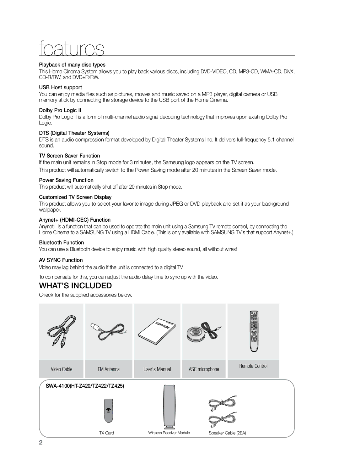 Samsung HT-TZ325T/FMC, HT-Z220T/MEA manual Features, What’s included, Check for the supplied accessories below Video Cable 