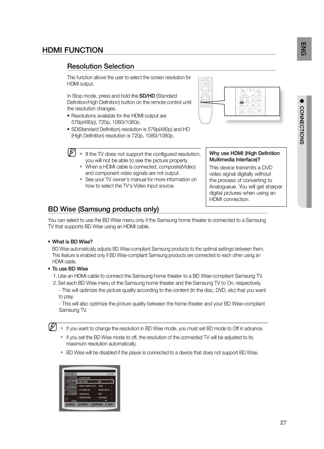 Samsung HT-TZ325T/SIM, HT-Z220T/MEA, HT-TZ325T/FMC, HT-TZ325T/MEA manual Resolution Selection, BD Wise Samsung products only 