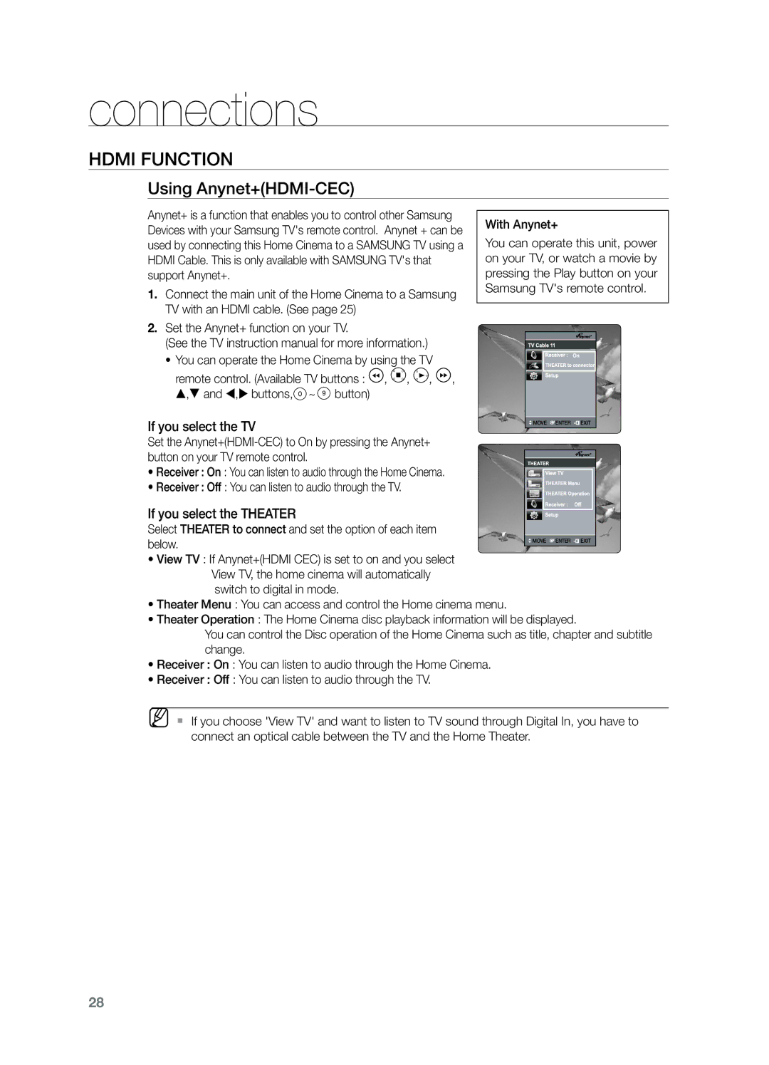 Samsung HT-TZ325T/FMC, HT-Z220T/MEA manual Using Anynet+HDMI-CEC, If you select the TV, If you select the Theater, Button 