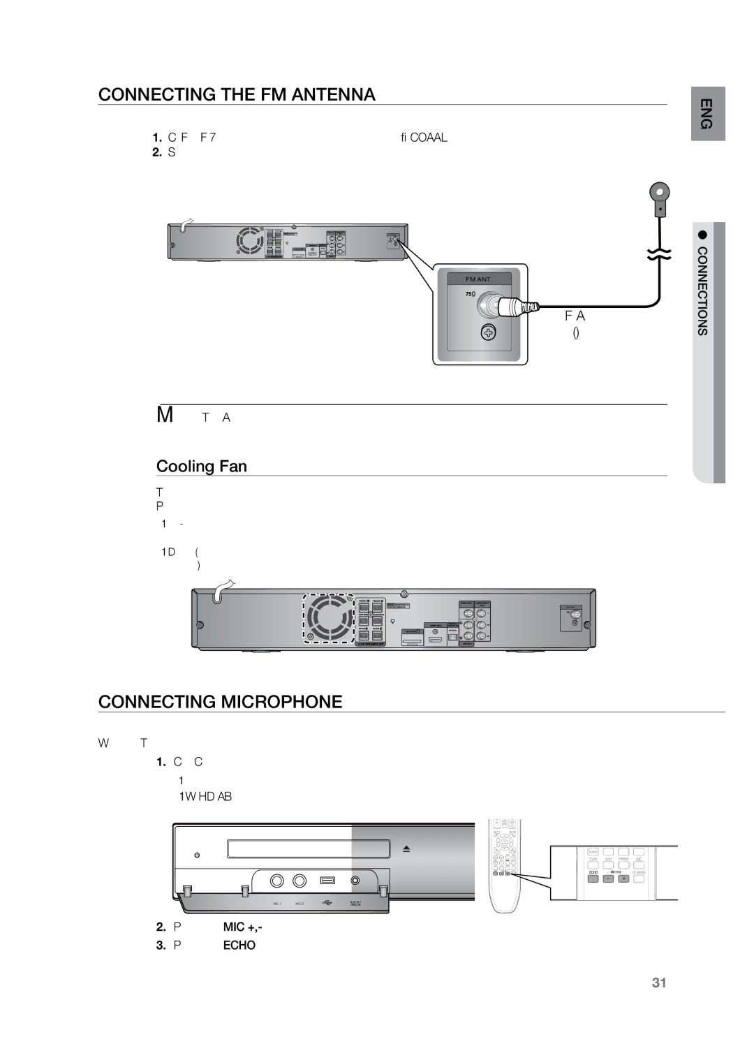 Samsung HT-TZ325R/XER, HT-Z220T/MEA Connecting the FM Antenna, Connecting Microphone, Cooling Fan, FM Antenna Supplied 