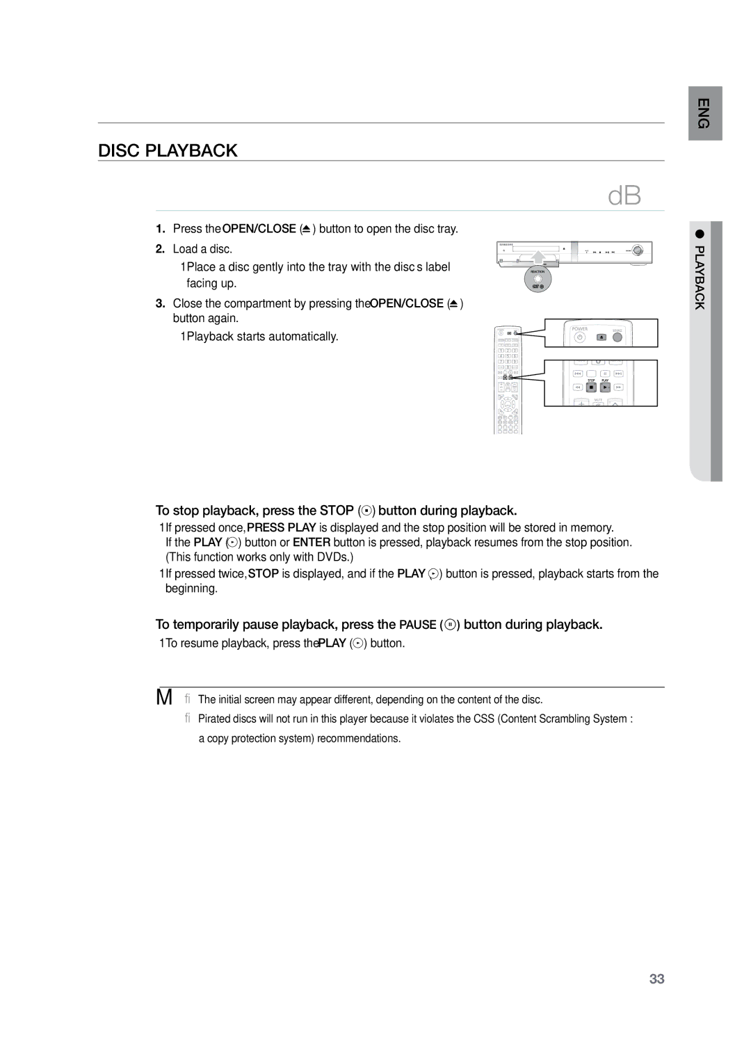 Samsung HT-TZ325T/HAC, HT-Z220T/MEA manual Disc Playback, To stop playback, press the Stop button during playback 