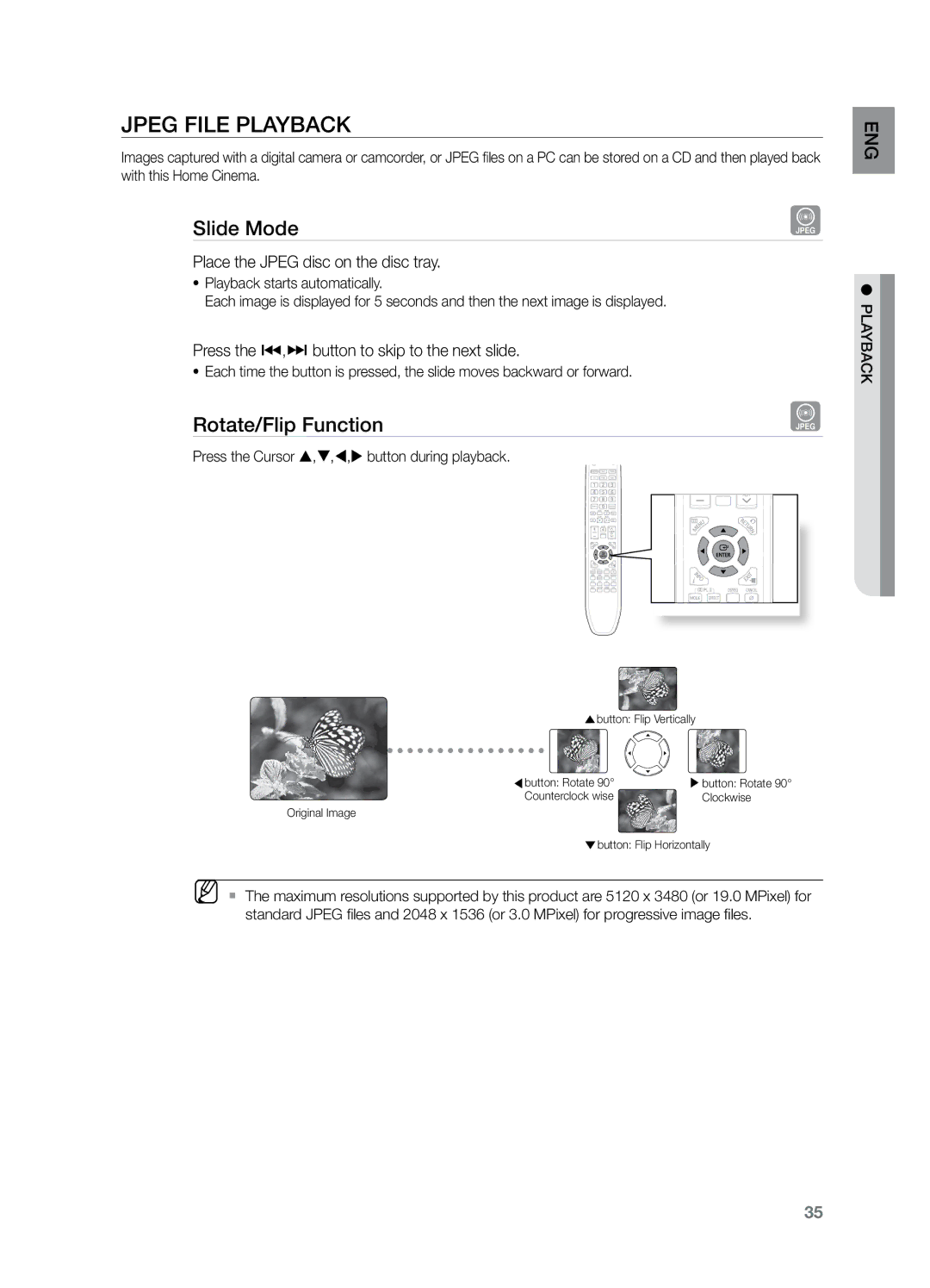 Samsung HT-TZ425T/HAC manual Jpeg File Playback, Slide Mode, Rotate/Flip Function, Place the Jpeg disc on the disc tray 