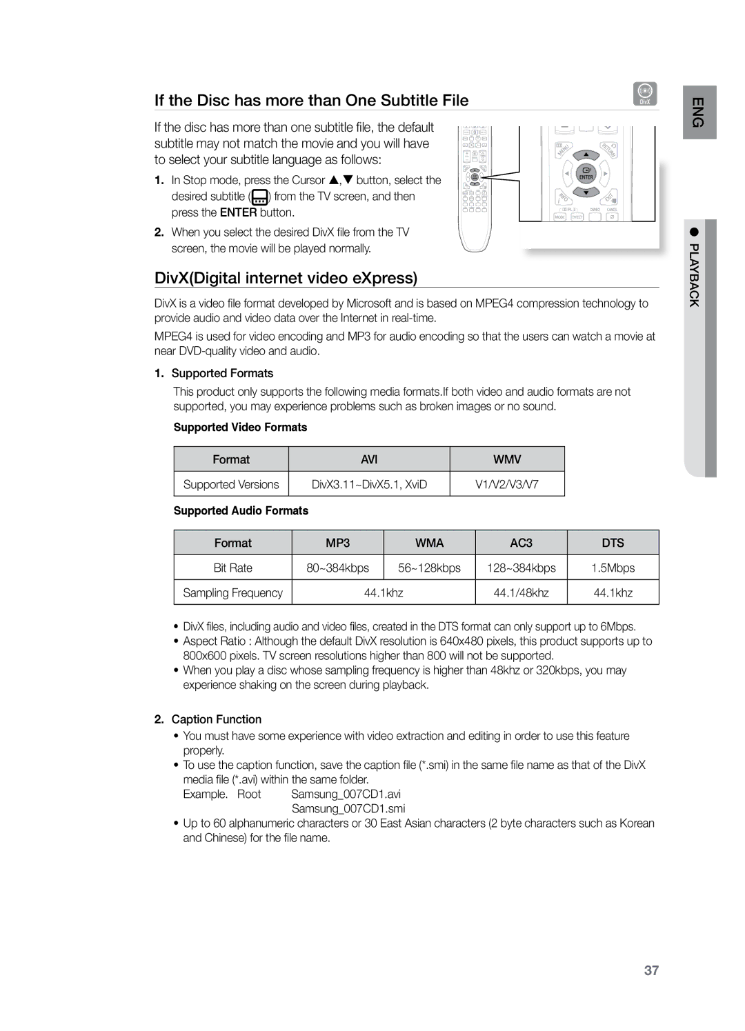 Samsung HT-TZ325T/XSV If the Disc has more than One Subtitle File, DivXDigital internet video eXpress, Avi Wmv, MP3 WMA 