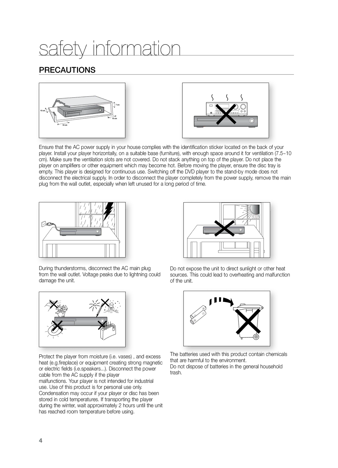 Samsung HT-Z320T/MEA, HT-Z220T/MEA, HT-TZ325T/SIM, HT-TZ325T/FMC, HT-TZ325T/MEA, HT-TZ325R/XER, HT-TZ325T/UMG manual Precautions 