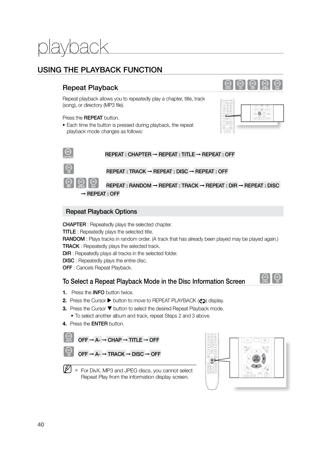 Samsung HT-TZ325T/SIM, HT-Z220T/MEA, HT-TZ325T/FMC manual Repeat Playback Options, Repeat Chapter Repeat Title Repeat OFF 