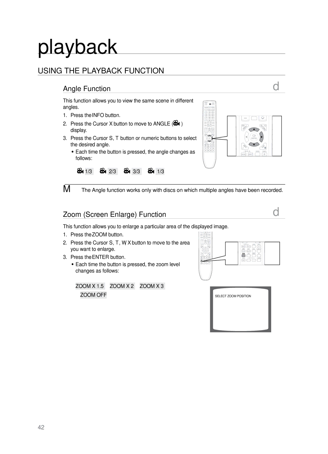 Samsung HT-TZ325T/MEA, HT-Z220T/MEA Angle Function, Zoom Screen Enlarge Function, Zoom X 1.5 Zoom X 2 Zoom X 3 Zoom OFF 