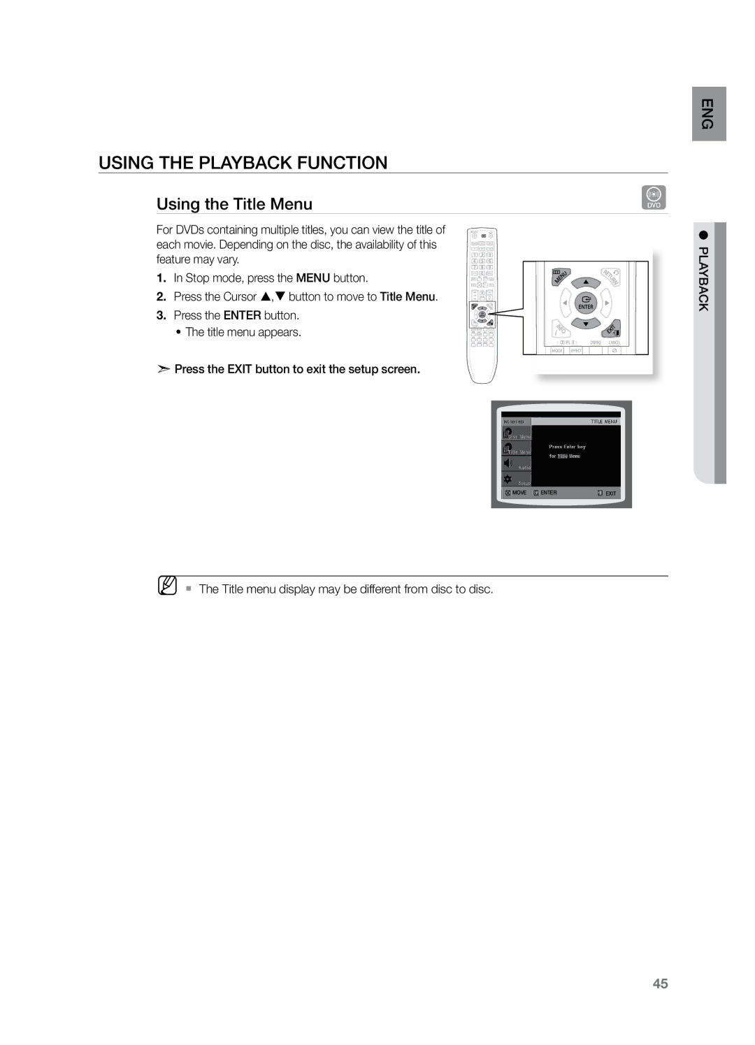 Samsung HT-TZ325T/UMG, HT-Z220T/MEA, HT-TZ325T/SIM, HT-TZ325T/FMC, HT-TZ325T/MEA, HT-Z320T/MEA manual Using the Title Menu 