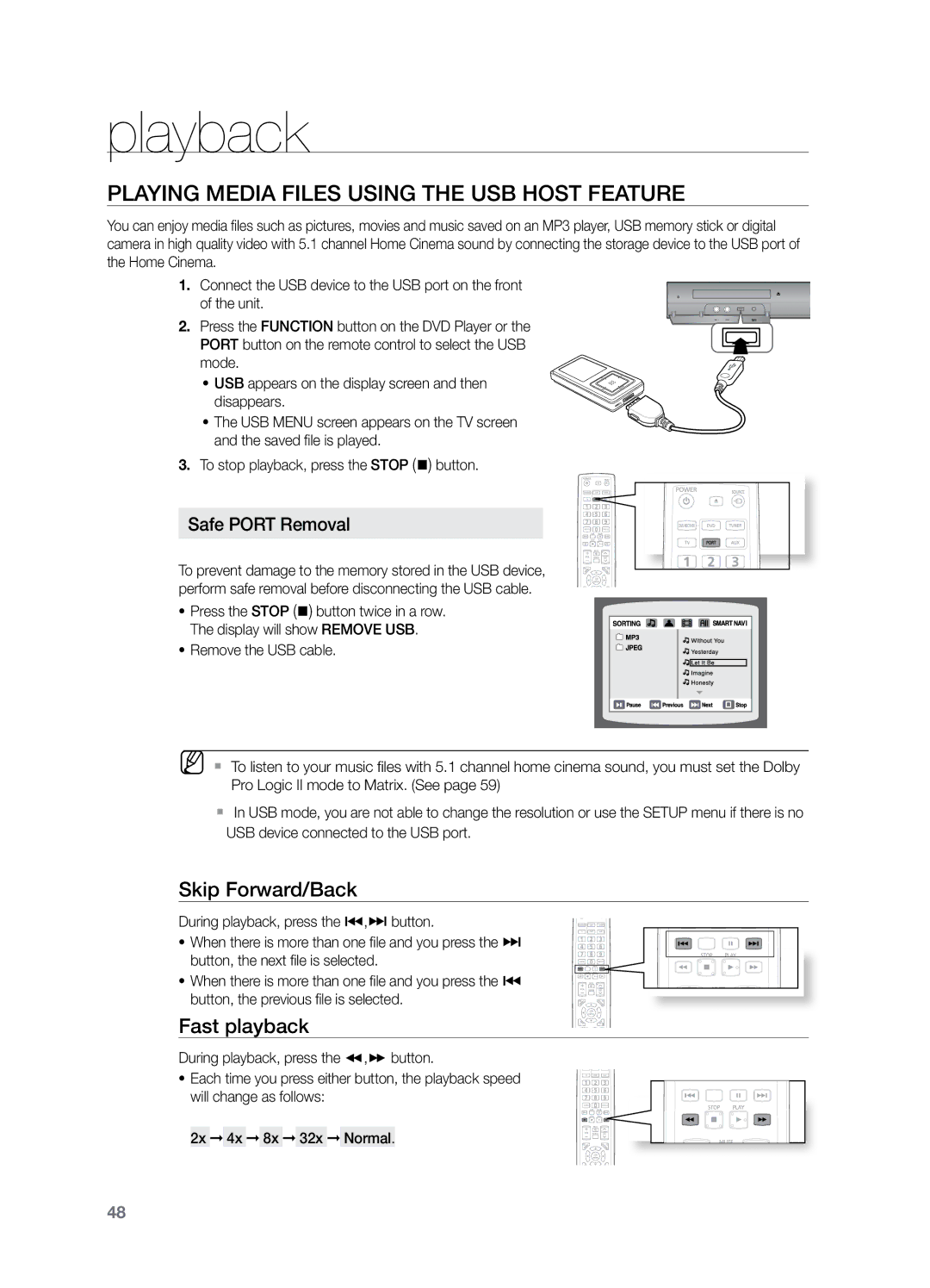 Samsung HT-TZ425T/HAC, HT-Z220T/MEA manual Playing Media Files using the USB Host Feature, Fast playback, Safe Port Removal 