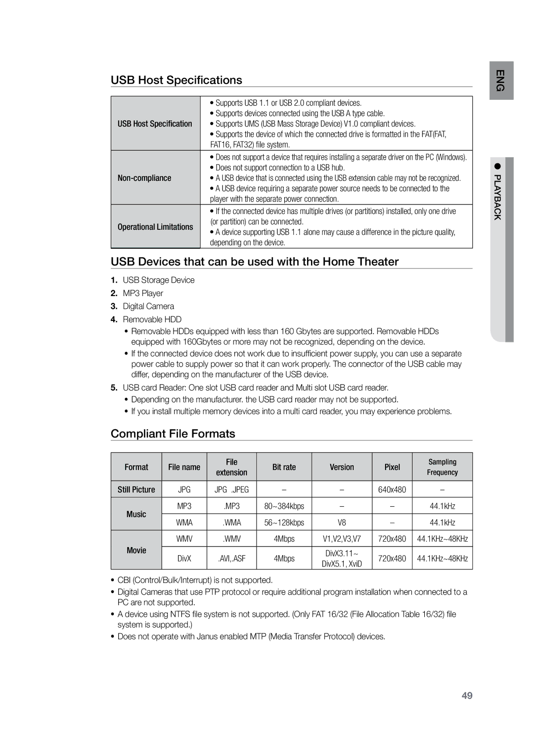 Samsung HT-TZ325T/XME USB Host Specifications, USB Devices that can be used with the Home Theater, Compliant File Formats 