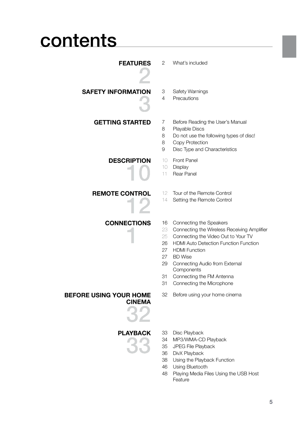 Samsung HT-TZ325R/XER, HT-Z220T/MEA, HT-TZ325T/SIM, HT-TZ325T/FMC, HT-TZ325T/MEA, HT-Z320T/MEA, HT-TZ325T/UMG manual Contents 