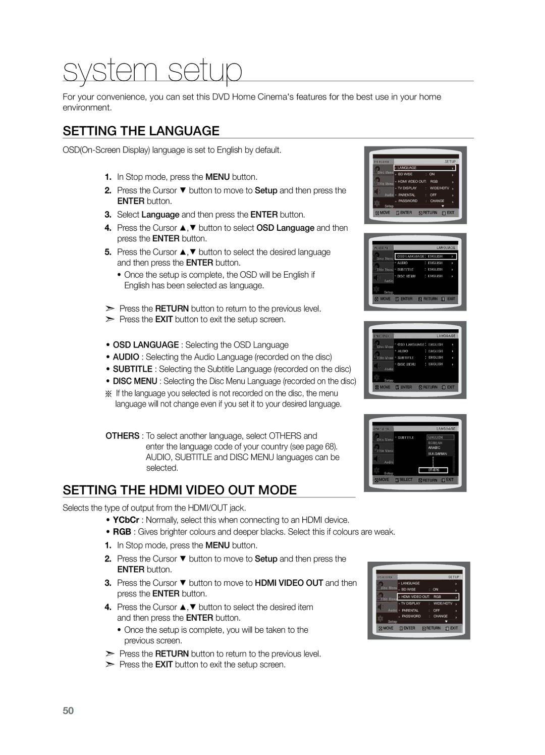 Samsung HT-TZ325T/XSV, HT-Z220T/MEA, HT-TZ325T/SIM manual System setup, Setting the Language, Setting the Hdmi Video OUT Mode 