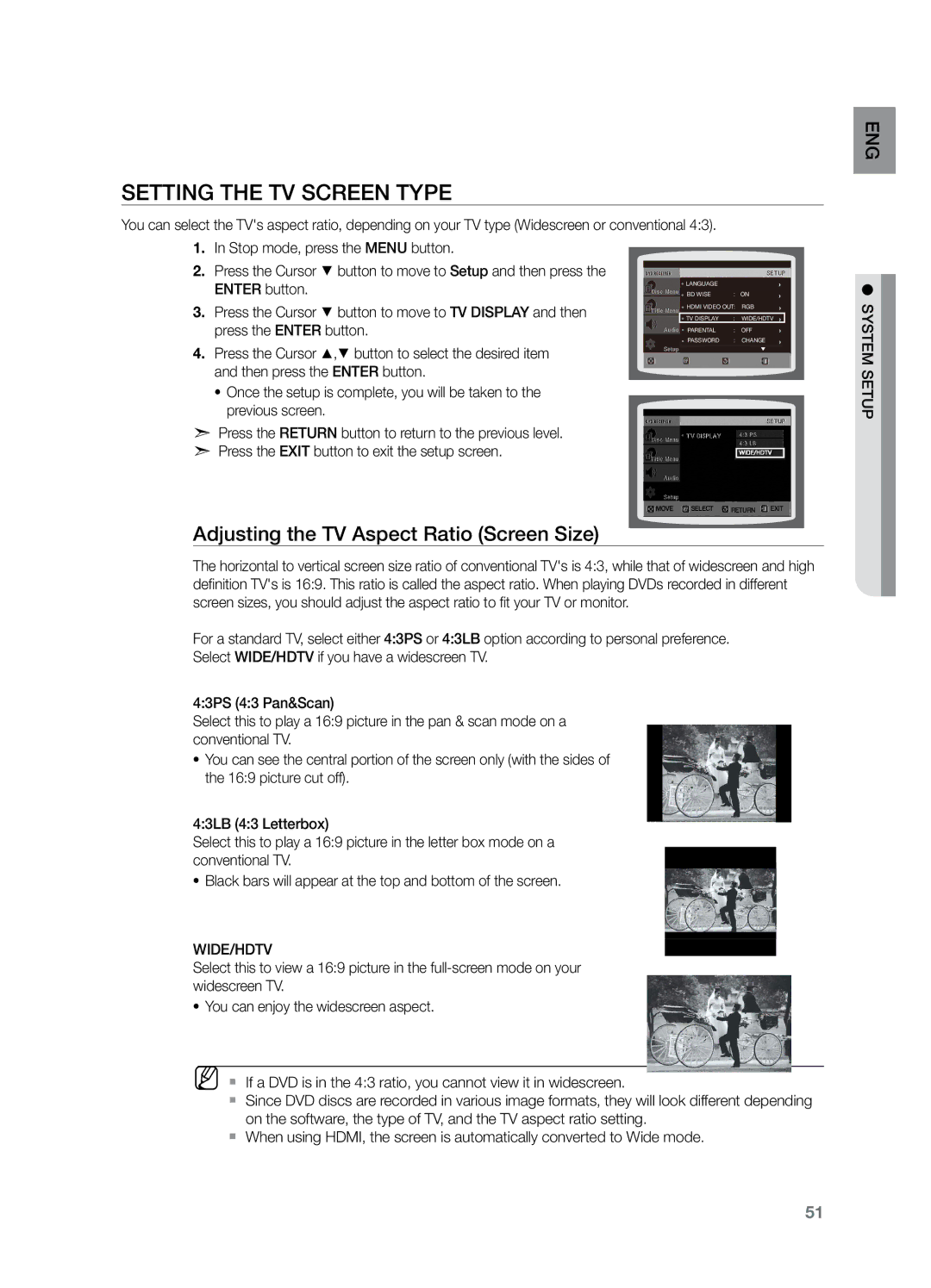 Samsung HT-Z220T/XFA manual Setting the TV Screen Type, Adjusting the TV Aspect Ratio Screen Size, System, Wide/Hdtv 