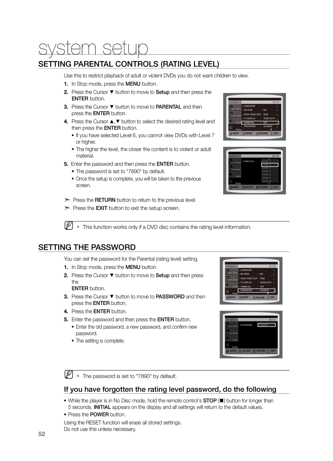 Samsung HT-Z220T/MEA, HT-TZ325T/SIM, HT-TZ325T/FMC manual Setting Parental Controls Rating Level, Setting the Password 