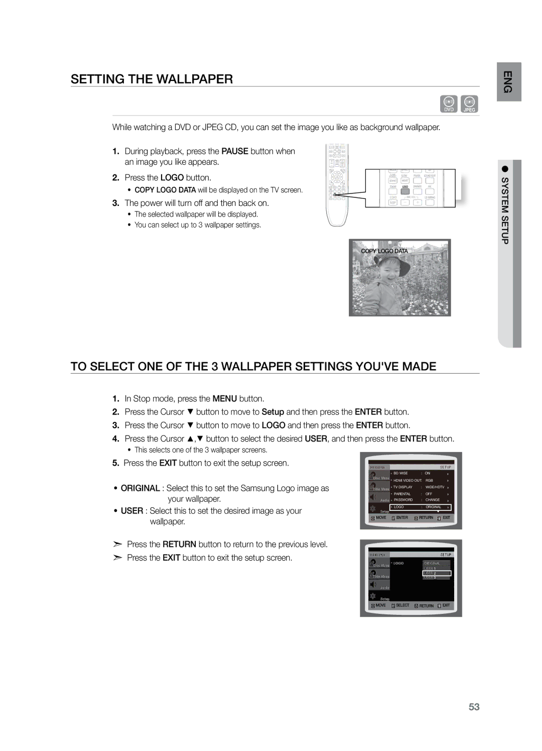 Samsung HT-TZ325T/SIM manual Setting the Wallpaper, To Select One of the 3 Wallpaper Settings youve made, ENG setup system 