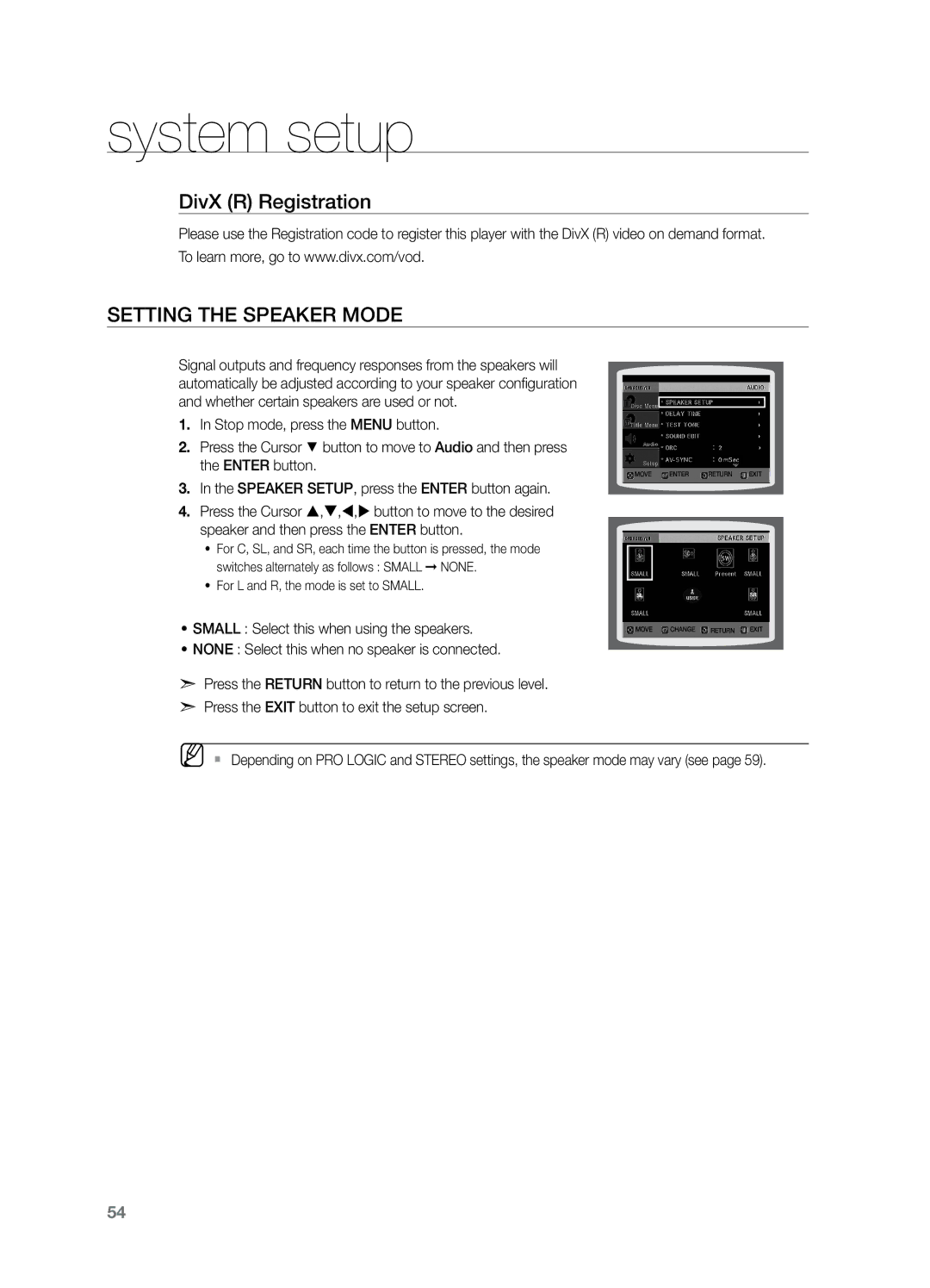 Samsung HT-TZ325T/FMC manual DivX R Registration Setting the Speaker Mode, Small Select this when using the speakers 