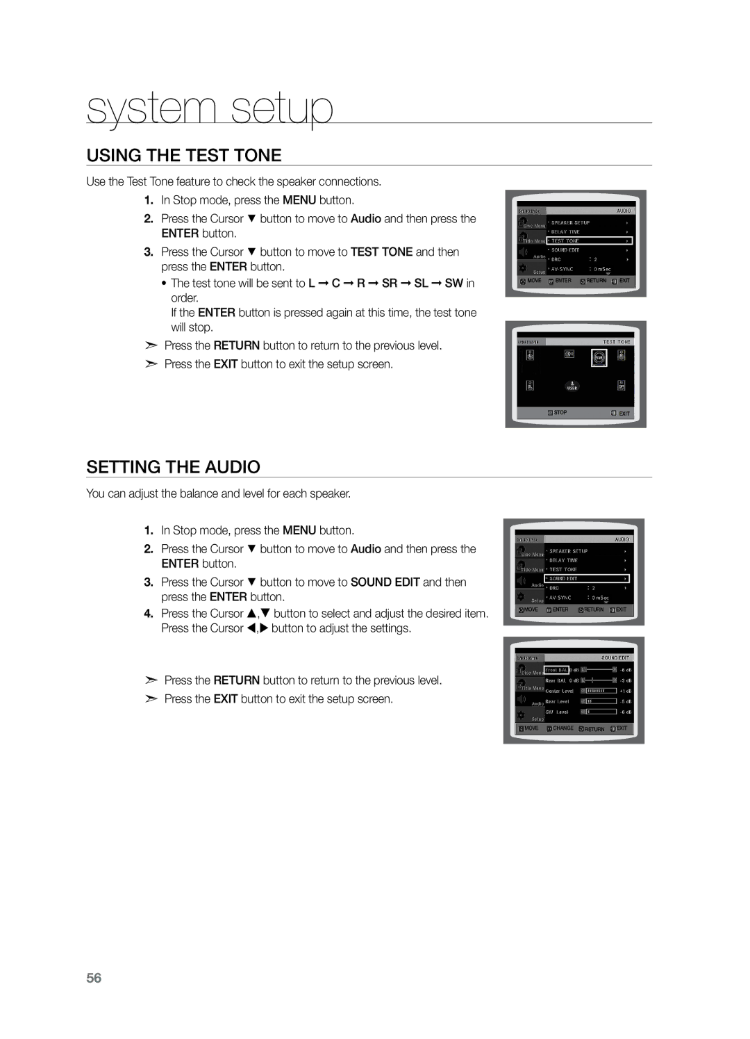 Samsung HT-Z320T/MEA, HT-Z220T/MEA, HT-TZ325T/SIM, HT-TZ325T/FMC, HT-TZ325T/MEA manual Using the Test Tone, Setting the Audio 