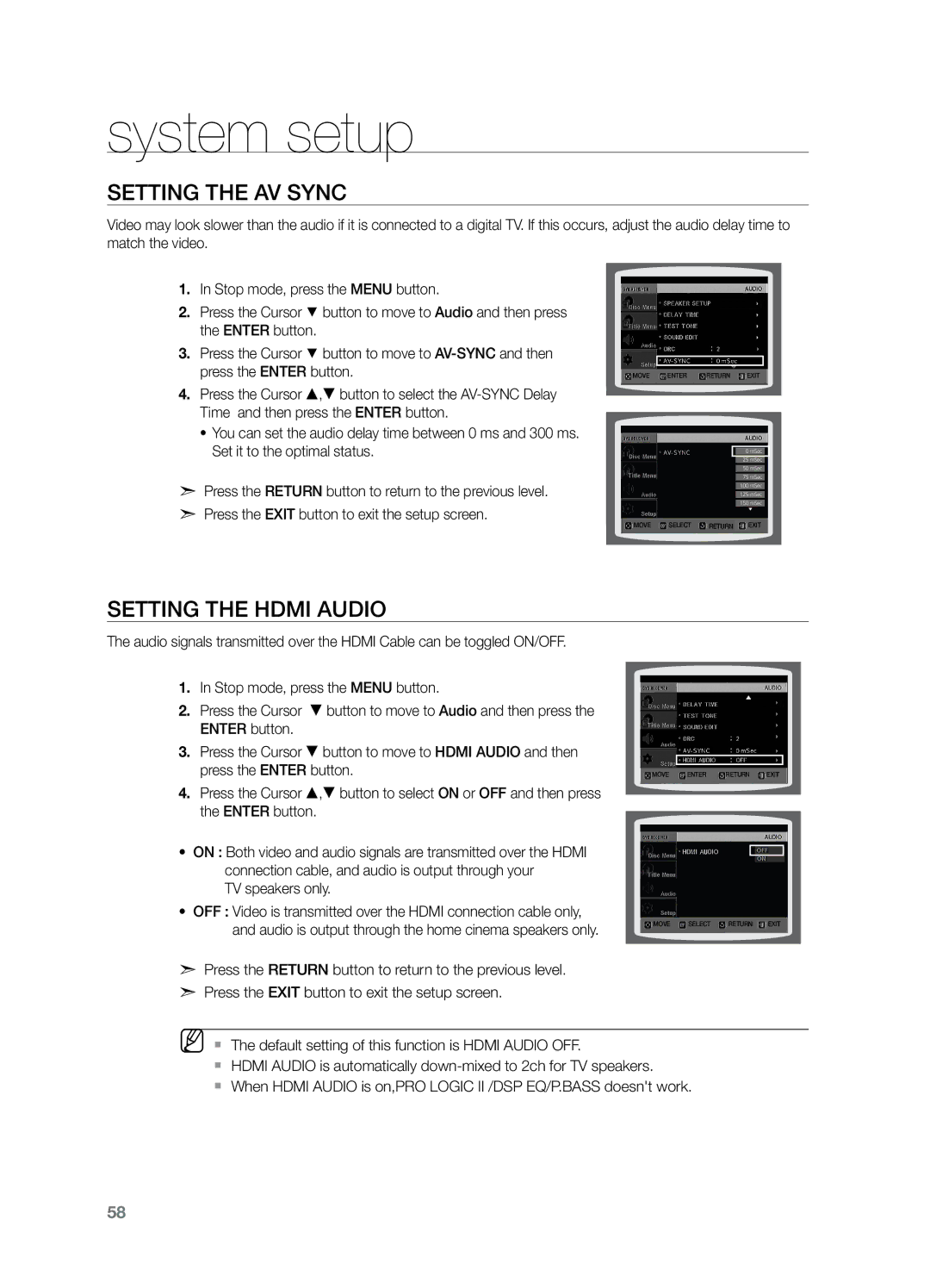 Samsung HT-TZ325T/UMG, HT-Z220T/MEA, HT-TZ325T/SIM, HT-TZ325T/FMC, HT-TZ325T/MEA Setting the AV Sync, Setting the Hdmi Audio 