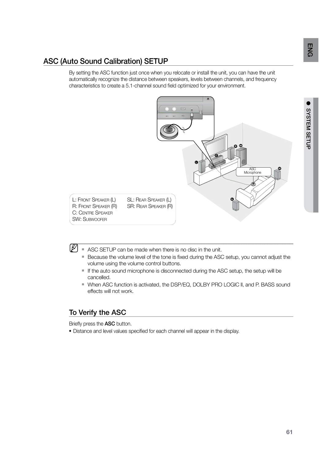 Samsung HT-TZ425T/HAC, HT-Z220T/MEA, HT-TZ325T/SIM, HT-TZ325T/FMC manual ASC Auto Sound Calibration Setup, To Verify the ASC 