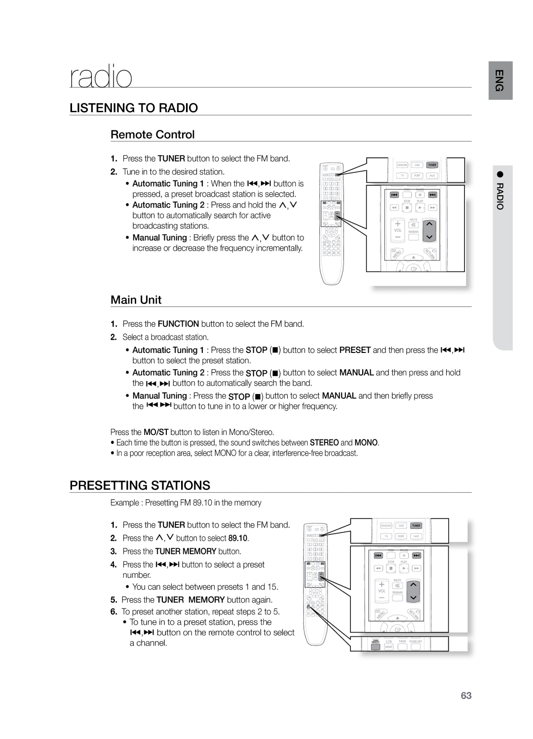 Samsung HT-TZ325T/XSV, HT-Z220T/MEA, HT-TZ325T/SIM Listening to Radio, Presetting Stations, Remote Control, Main Unit 