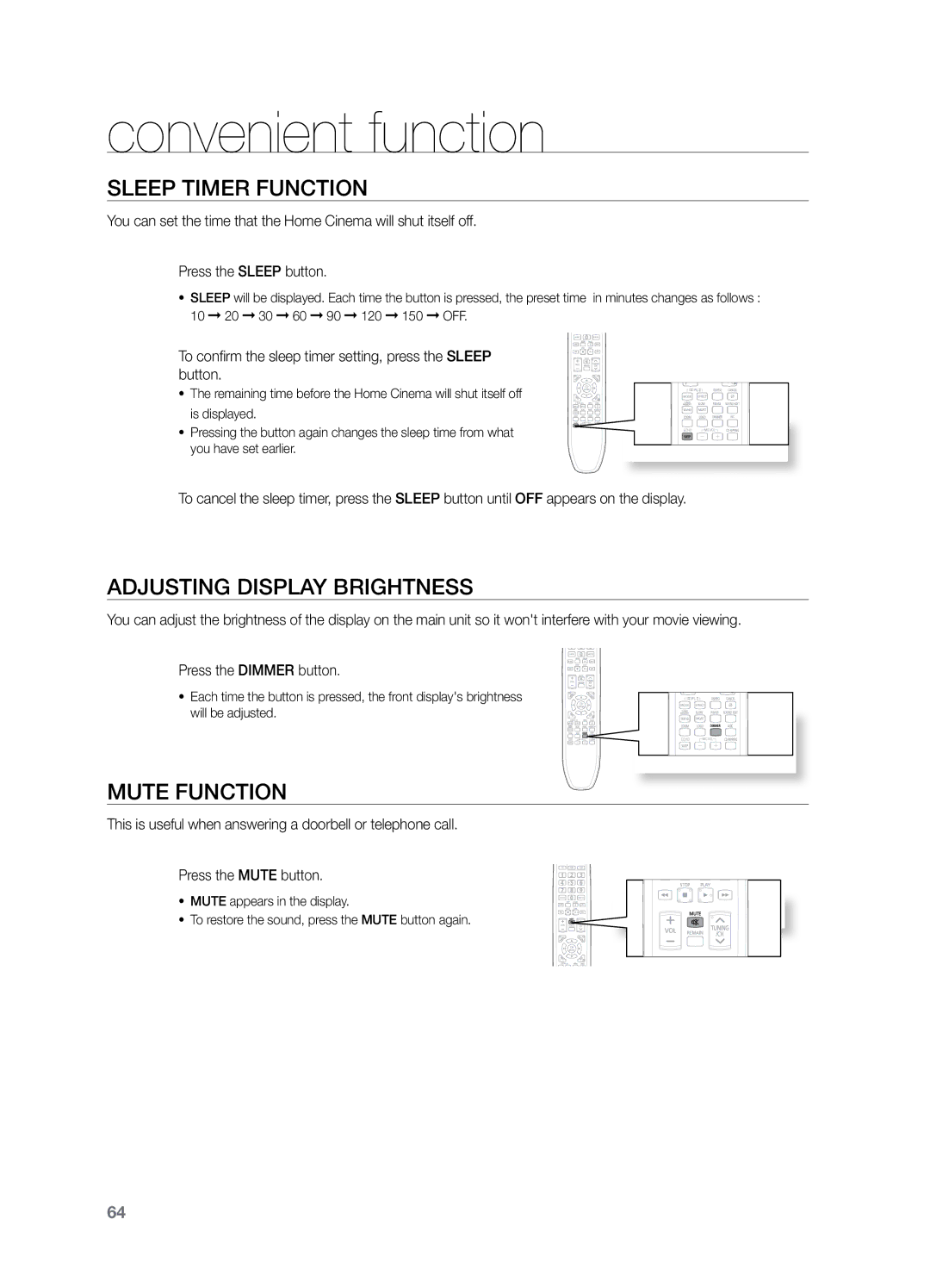 Samsung HT-Z220T/XFA, HT-Z220T/MEA Convenient function, Sleep Timer Function, Adjusting Display Brightness, Mute Function 