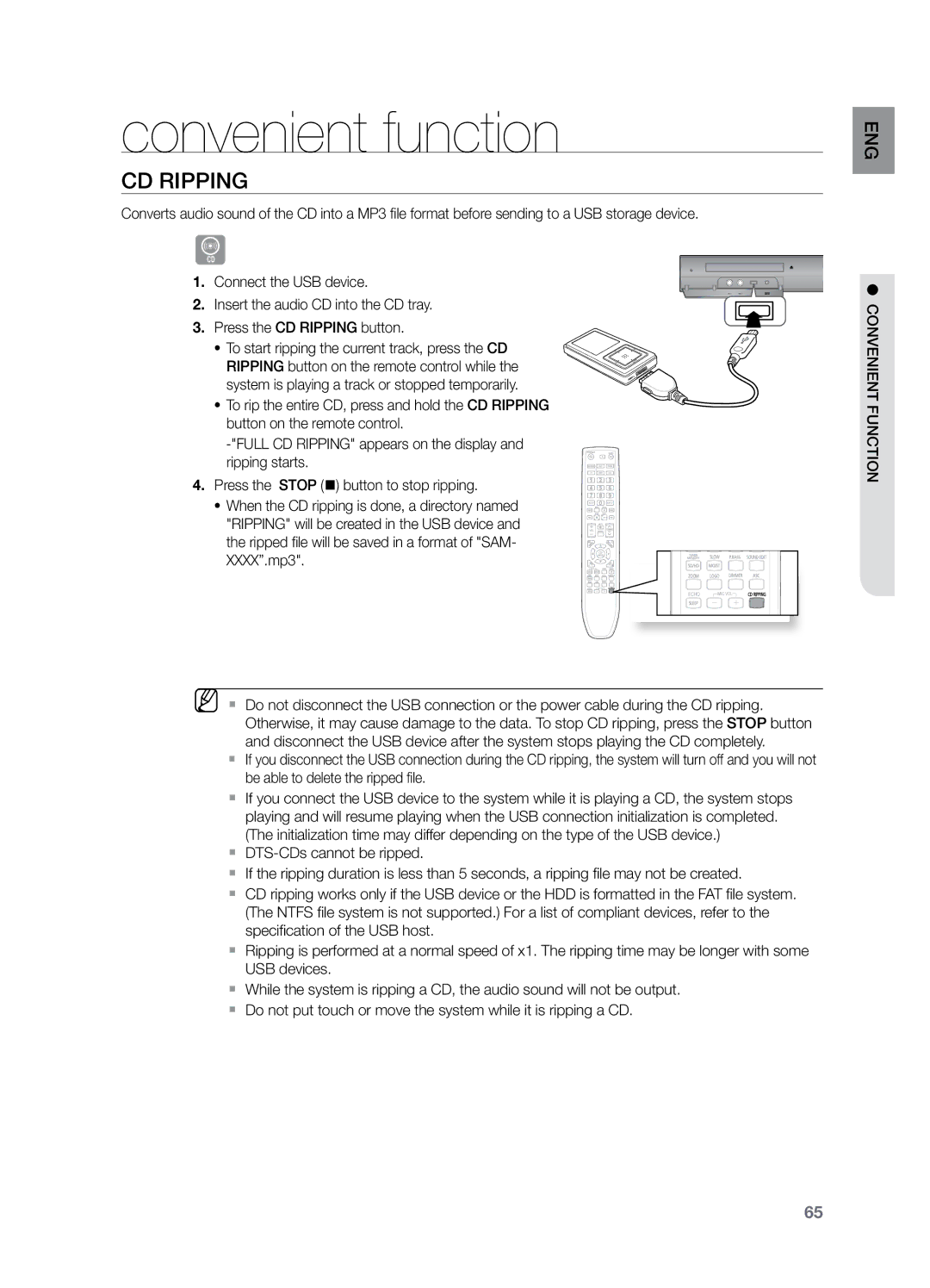 Samsung HT-Z220T/MEA, HT-TZ325T/SIM, HT-TZ325T/FMC, HT-TZ325T/MEA, HT-Z320T/MEA manual CD rIPPING, ENG function convenient 