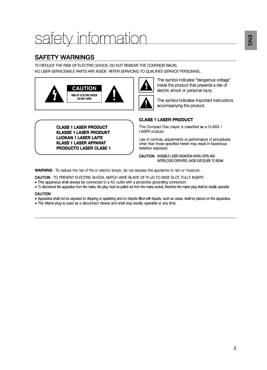 Samsung HT-TZ325T/MEA, HT-Z220T/MEA, HT-TZ325T/SIM, HT-TZ325T/FMC, HT-Z320T/MEA manual safety information, Safety Warnings 