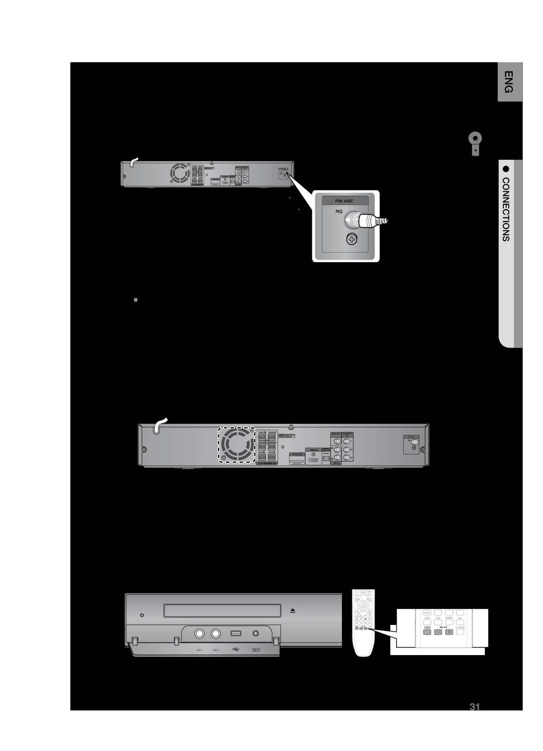 Samsung HT-TZ325R/XER, HT-Z220T/MEA, HT-TZ325T/SIM manual Connecting the FM Antenna, Connecting Microphone, Cooling Fan 