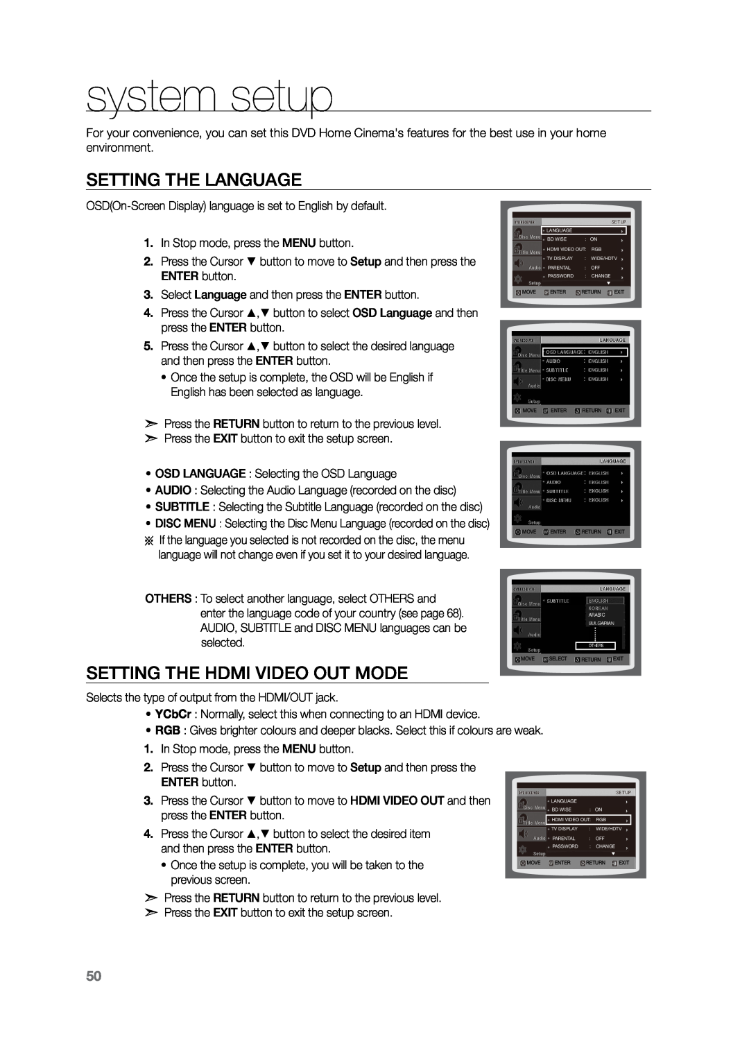 Samsung HT-TZ325T/XSV, HT-Z220T/MEA, HT-TZ325T/SIM manual system setup, Setting the Language, Setting the HDMI VIDEO OUT MODE 