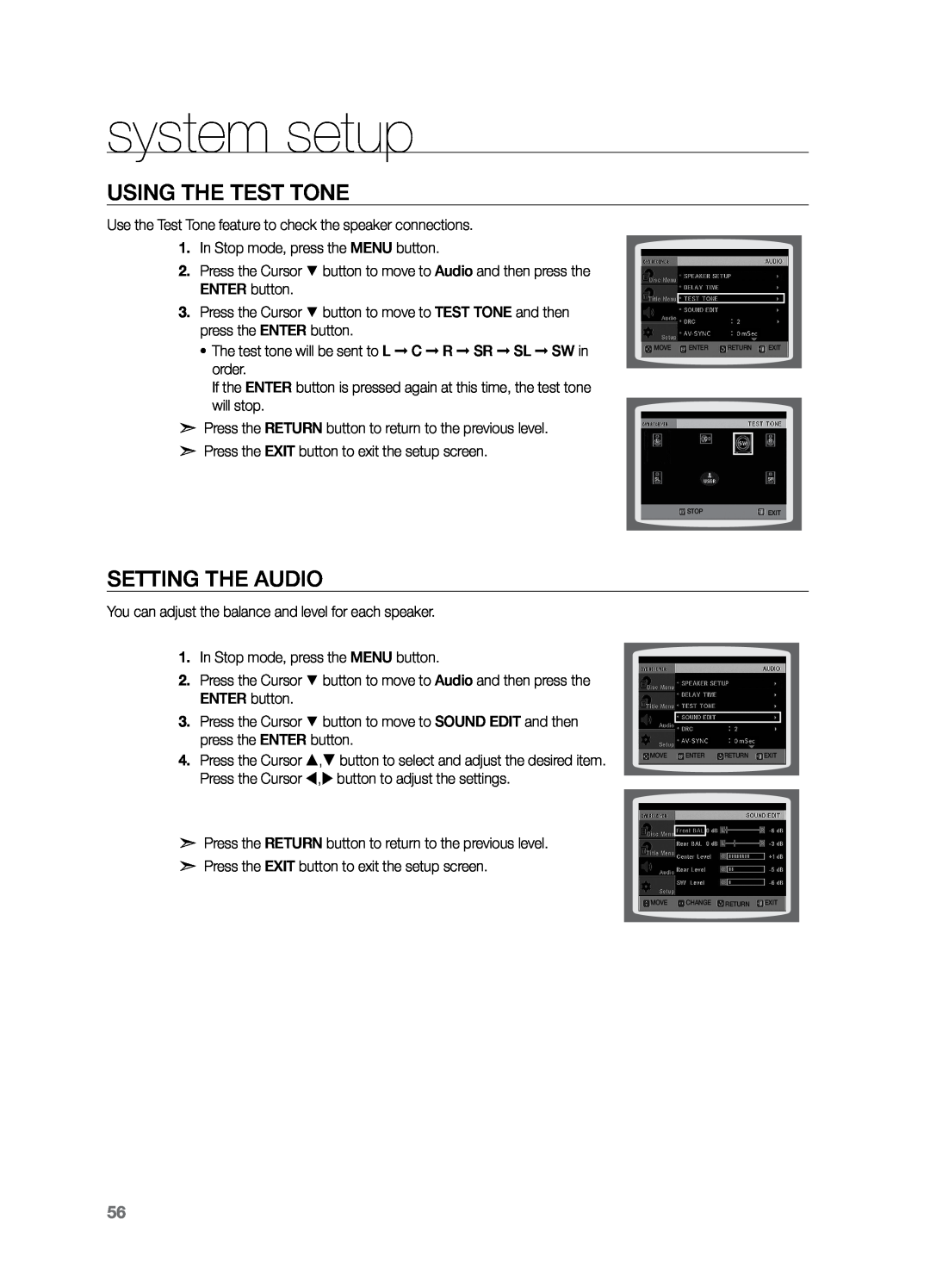 Samsung HT-Z320T/MEA, HT-Z220T/MEA, HT-TZ325T/SIM, HT-TZ325T/FMC manual Using the Test Tone, Setting the Audio, system setup 