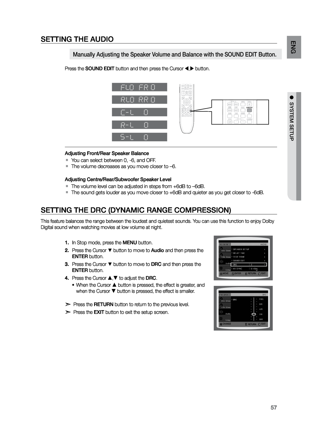 Samsung HT-TZ325R/XER, HT-Z220T/MEA, HT-TZ325T/SIM manual Setting the DRC Dynamic Range Compression, Setting the Audio 