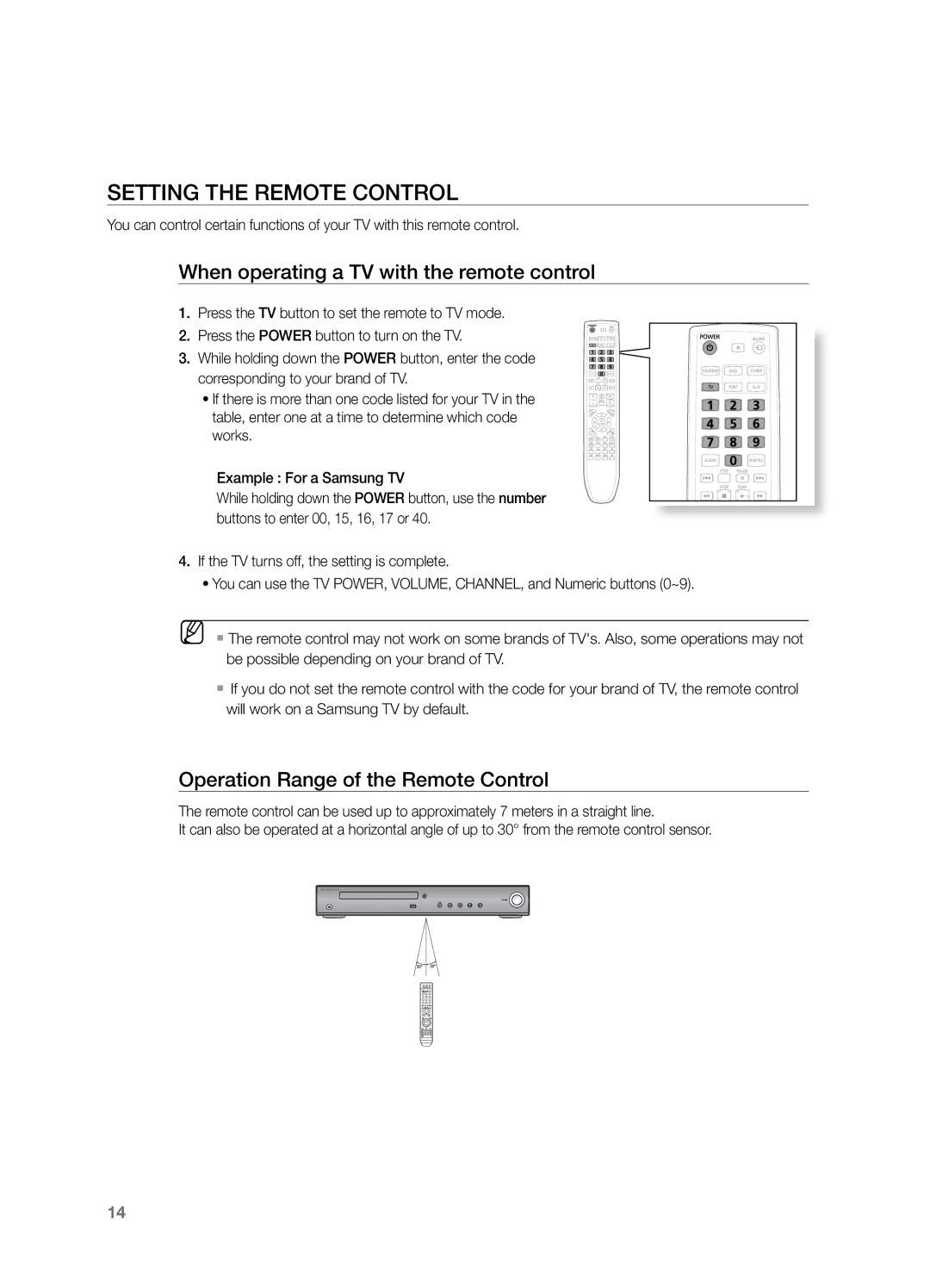 Samsung HT-Z221 user manual Setting the Remote Control, When operating a TV with the remote control 