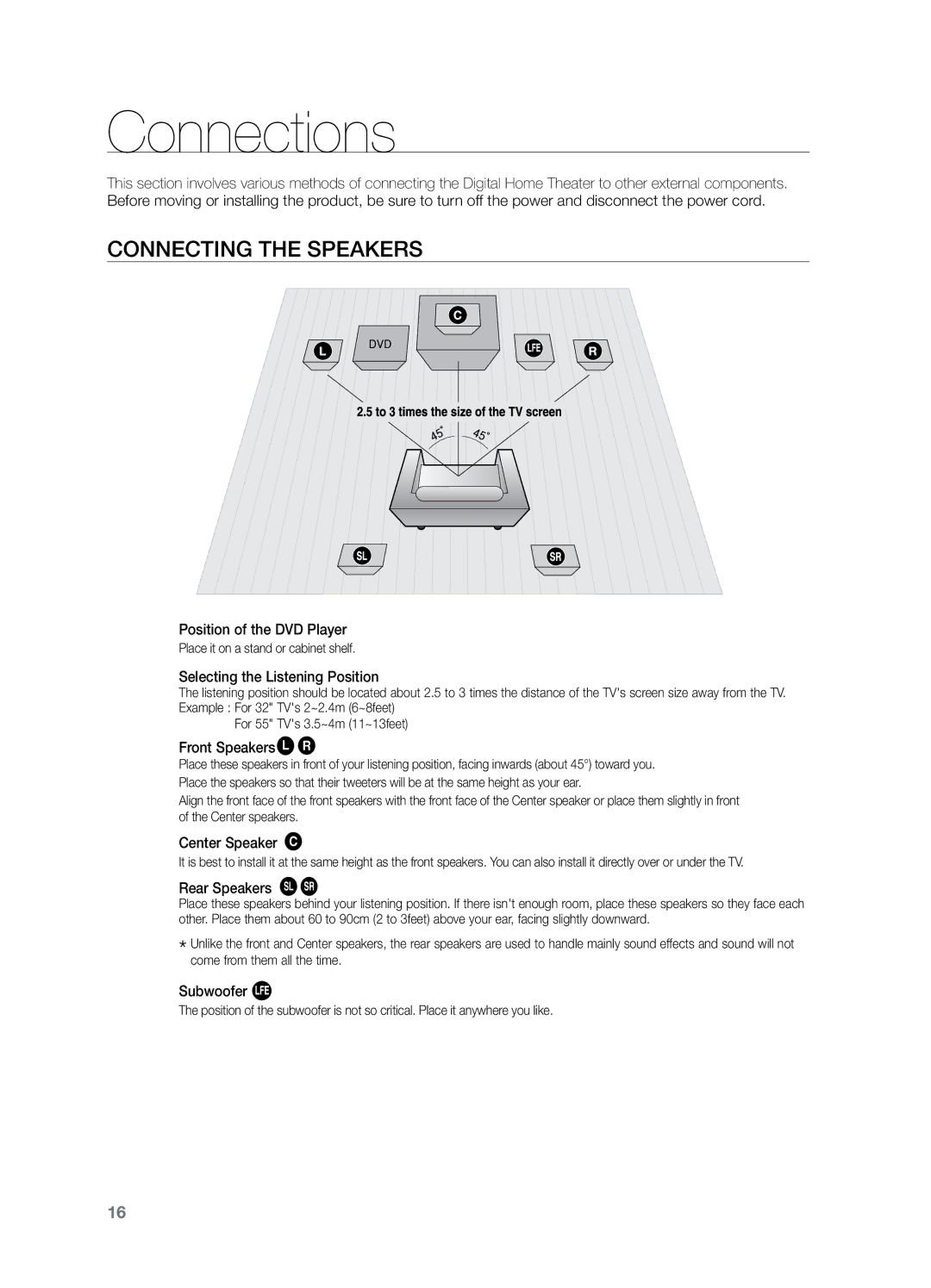 Samsung HT-Z221 user manual Connections, Connecting the Speakers 