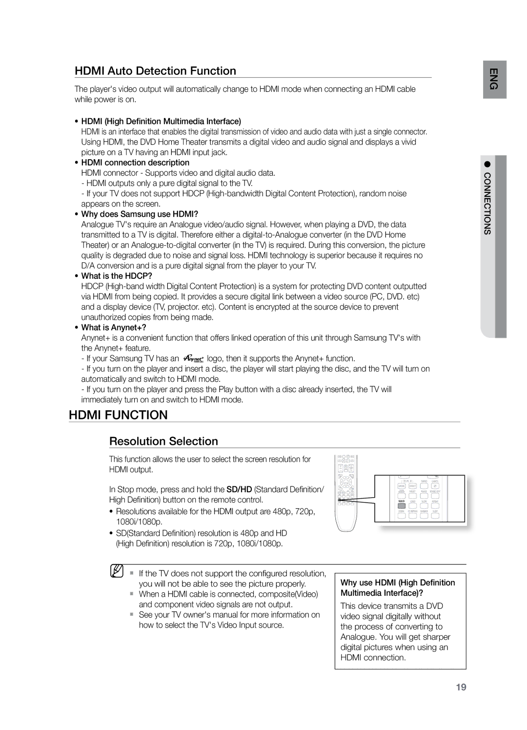 Samsung HT-Z221 Hdmi Auto Detection Function, Resolution Selection, Why use Hdmi High Definition, Multimedia Interface? 