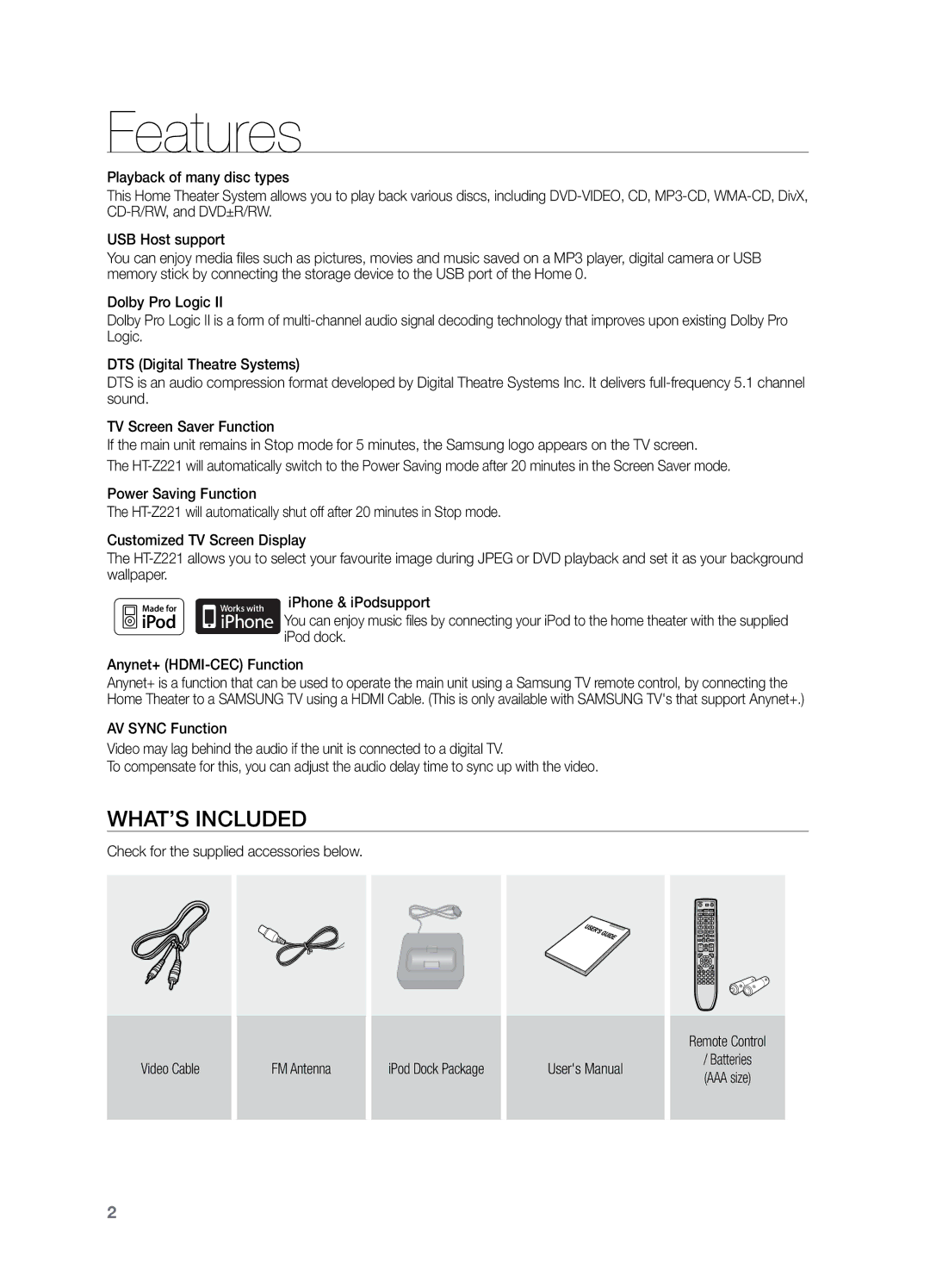 Samsung HT-Z221 user manual Features, What’s included 