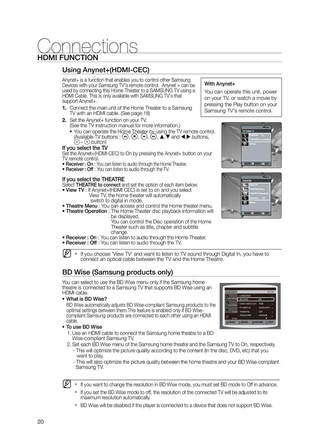 Samsung HT-Z221 Using Anynet+HDMI-CEC, BD Wise Samsung products only, If you select the TV, If you select the Theatre 