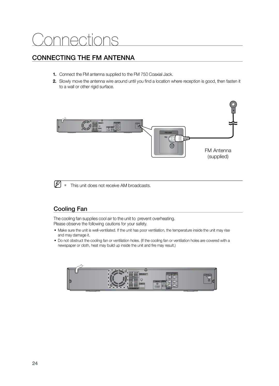 Samsung HT-Z221 Connecting the FM Antenna, Cooling Fan, FM Antenna Supplied, MM`` This unit does not receive AM broadcasts 