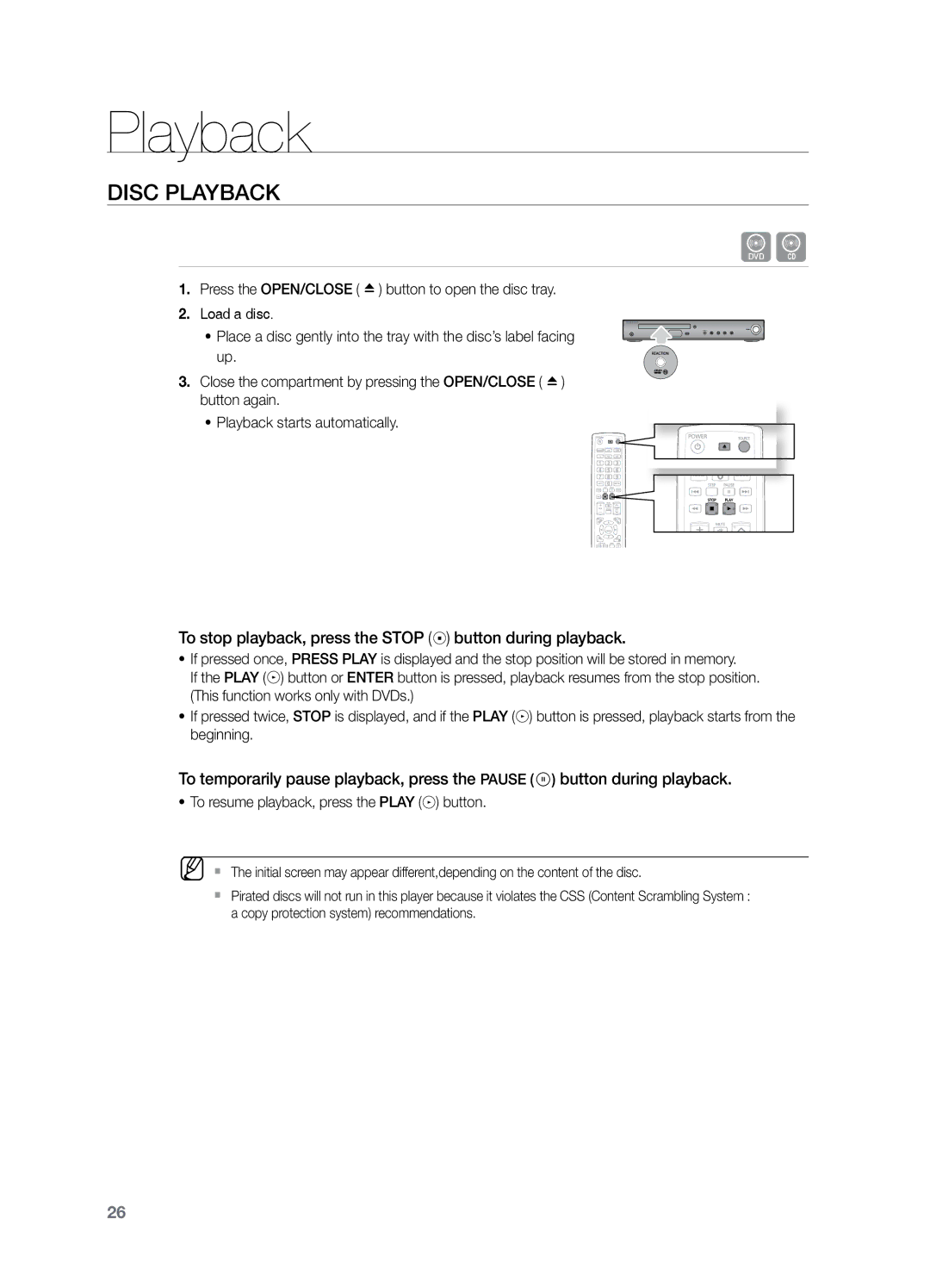 Samsung HT-Z221 user manual Disc Playback, To stop playback, press the Stop button during playback 