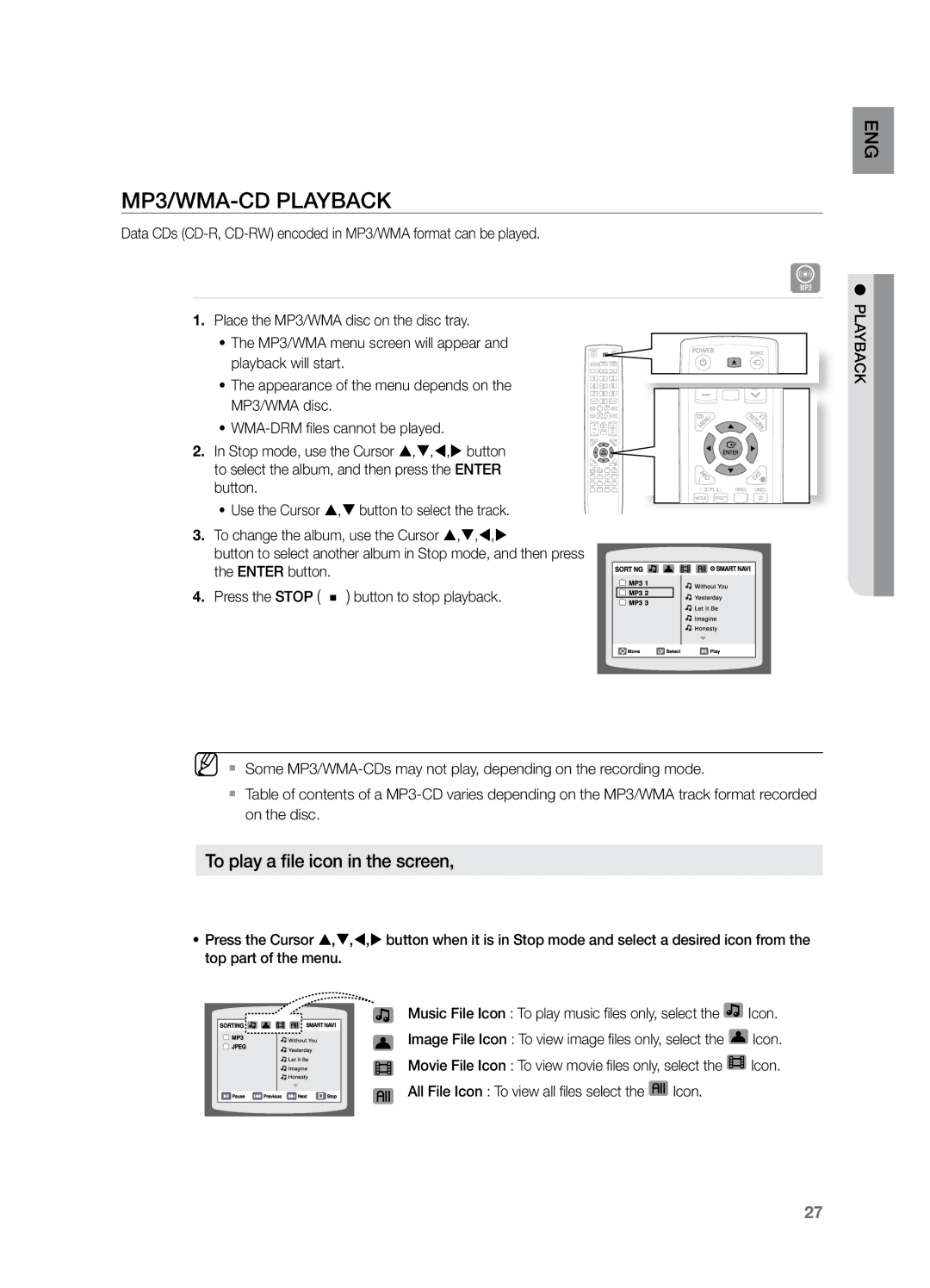 Samsung HT-Z221 user manual MP3/WMA-CD Playback 