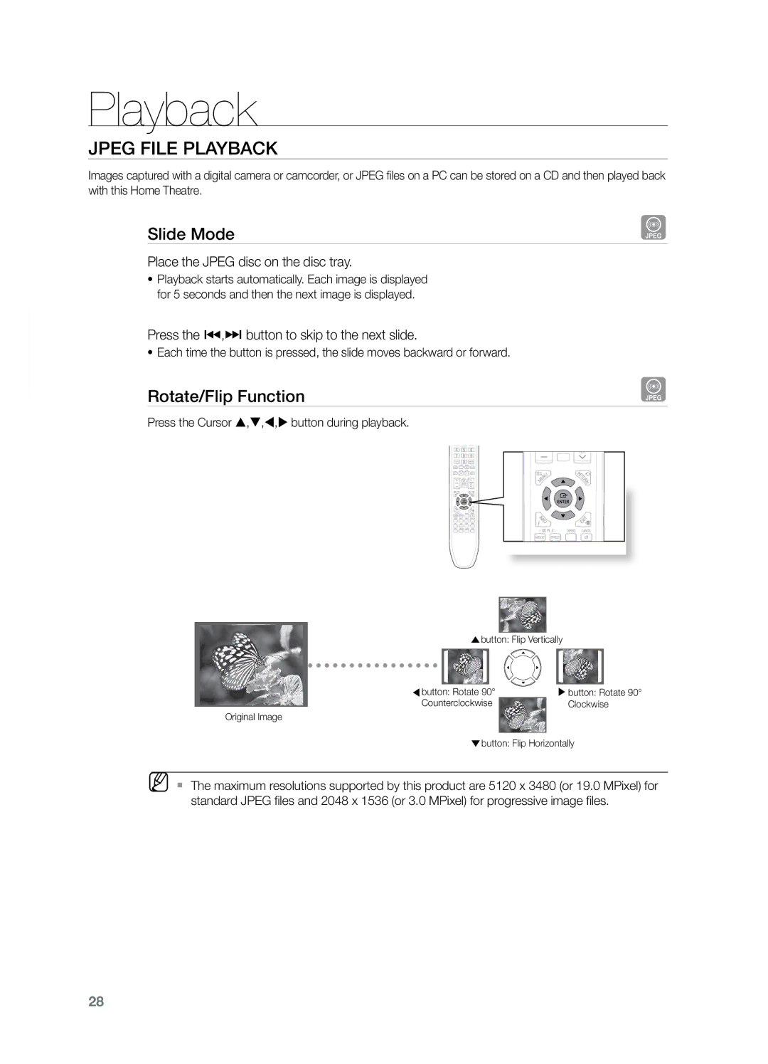 Samsung HT-Z221 user manual Jpeg File Playback, Slide Mode, Rotate/Flip Function, Place the Jpeg disc on the disc tray 