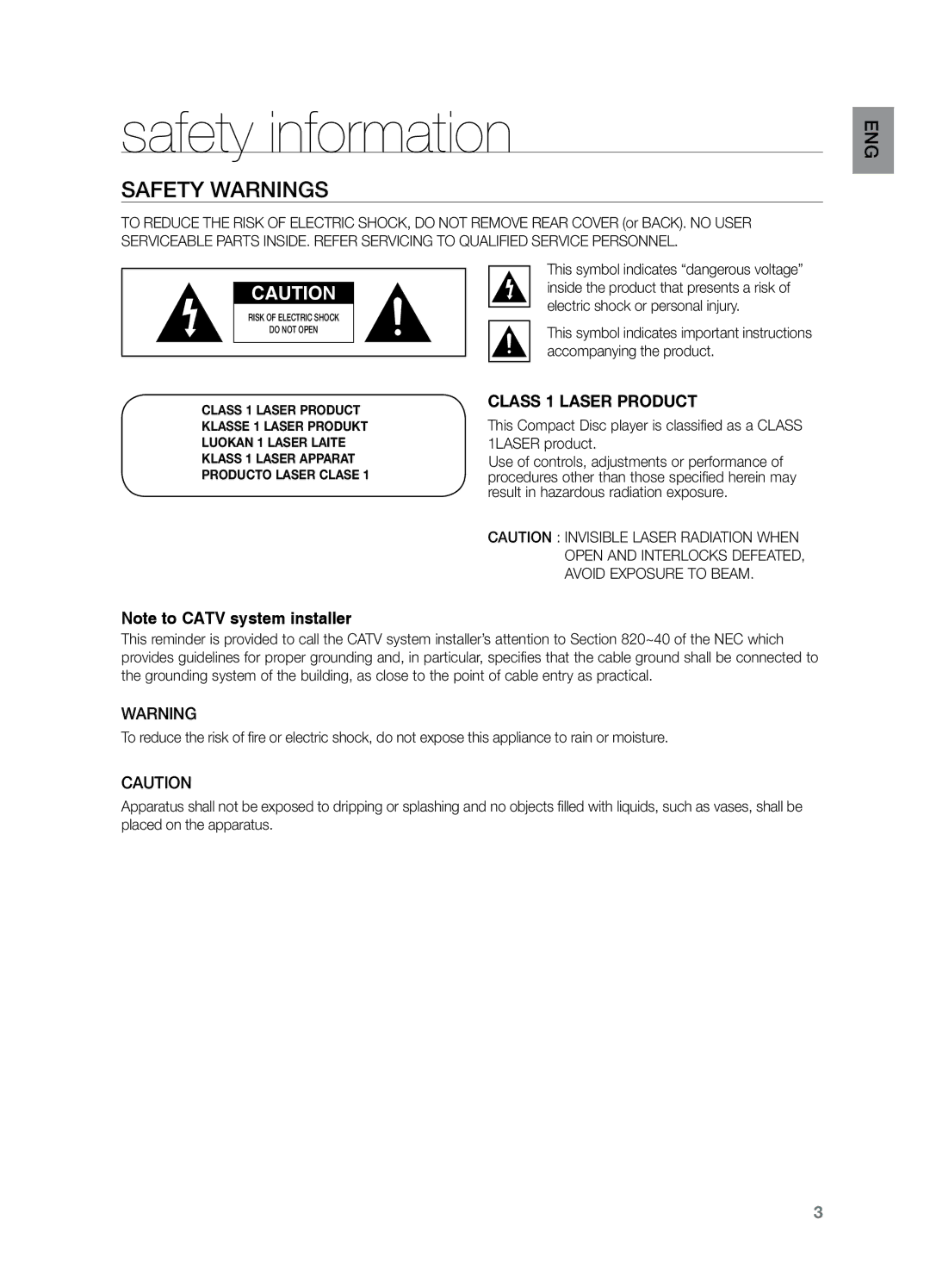 Samsung HT-Z221 user manual Safety information, Safety Warnings 