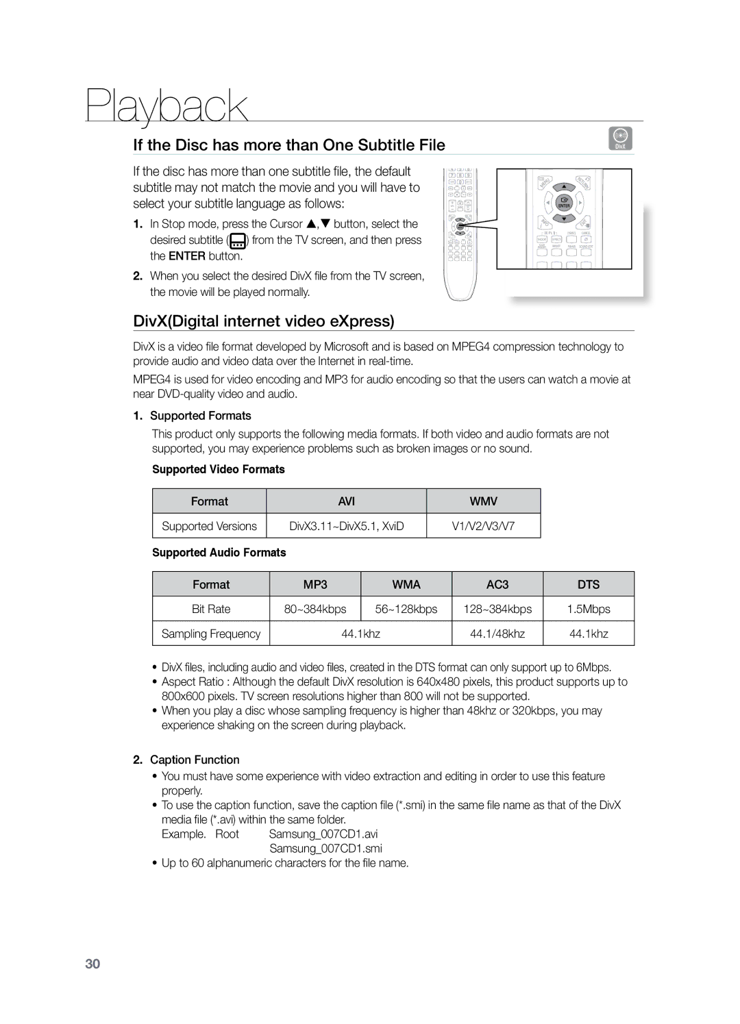 Samsung HT-Z221 If the Disc has more than One Subtitle File, DivXDigital internet video eXpress, Avi Wmv, MP3 WMA, Dts 