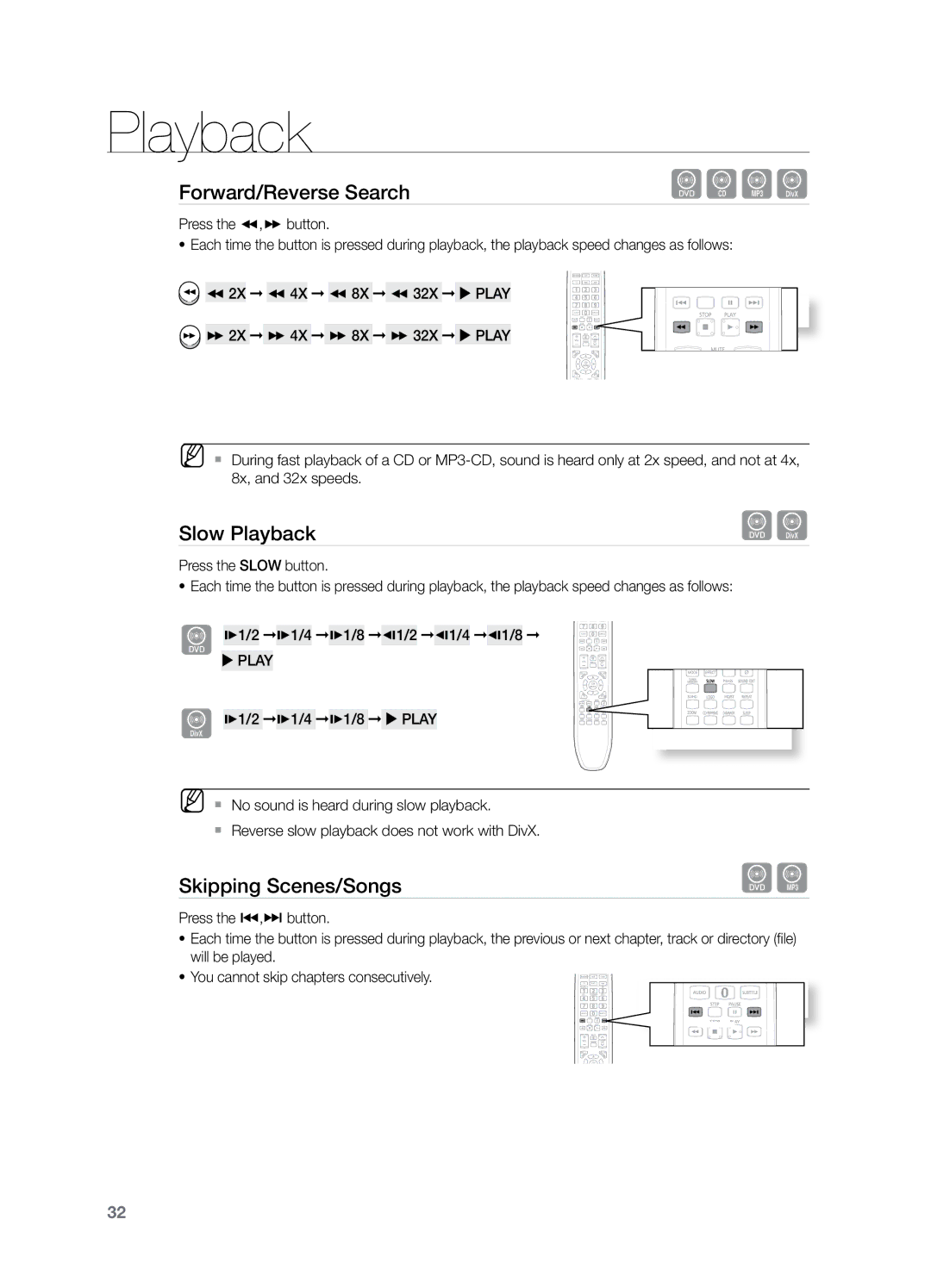 Samsung HT-Z221 user manual Slow Playback, Skipping Scenes/Songs 