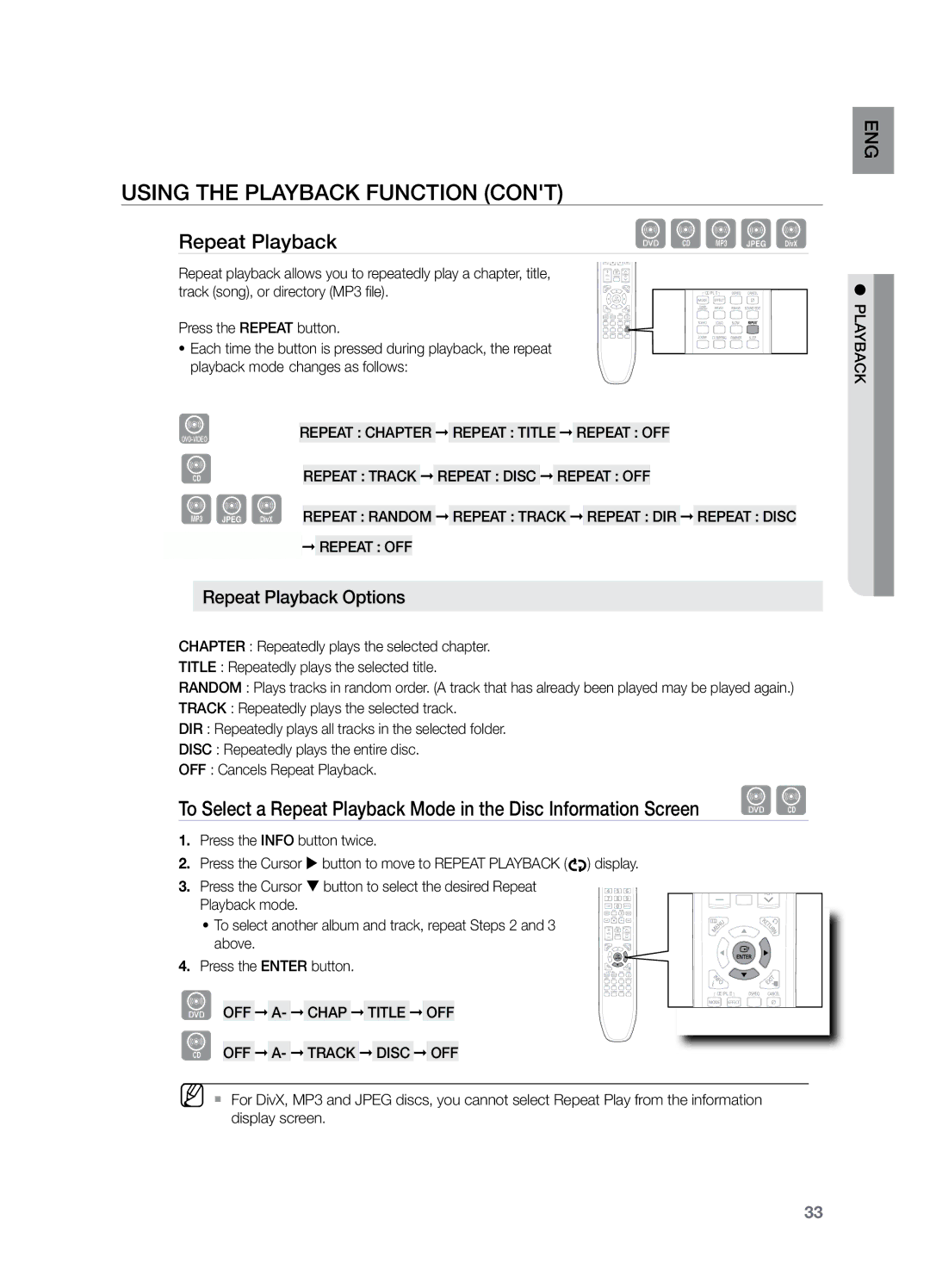 Samsung HT-Z221 user manual Repeat Playback, OFF A- Track Disc OFF 