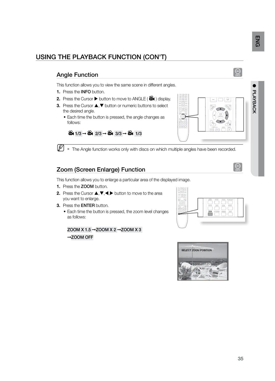 Samsung HT-Z221 user manual Angle Function, Zoom Screen Enlarge Function, Zoom X 1.5 Zoom X 2 Zoom X 3 Zoom OFF 